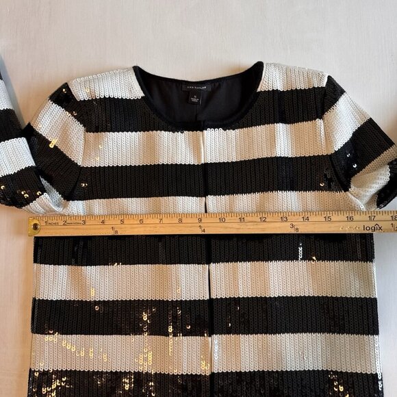 Ann Taylor Blazer Jacket Size Small Full Sequin Black And White Striped Lined - Picture 8 of 16